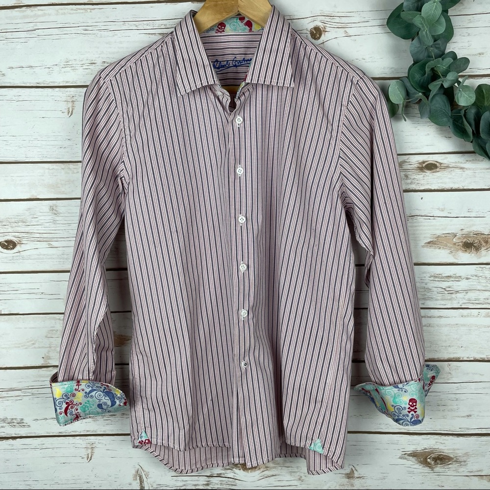 ROBERT GRAHAM Boys Red and Gray Stripe Check Button Up Dress Shirt  L 14/16